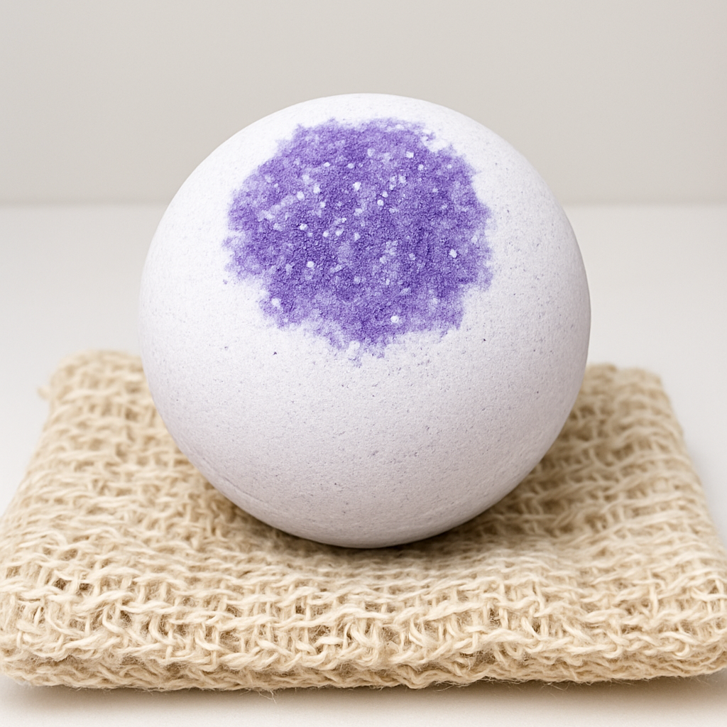Bath bomb with purple glitter on a beige woven mat